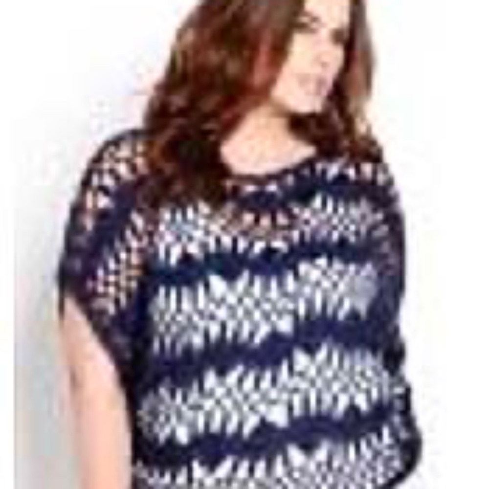 CROCHET TOP, OPEN WEAVE, ULTRA MARINE, SIZE 3X, DOLMAN SLEEVES, ACRYLIC, SCALLOP
